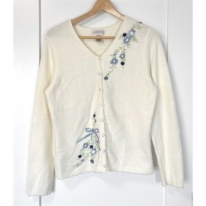 Northern Reflections Cozy Cream Cardigan with Blue Floral Embroidery